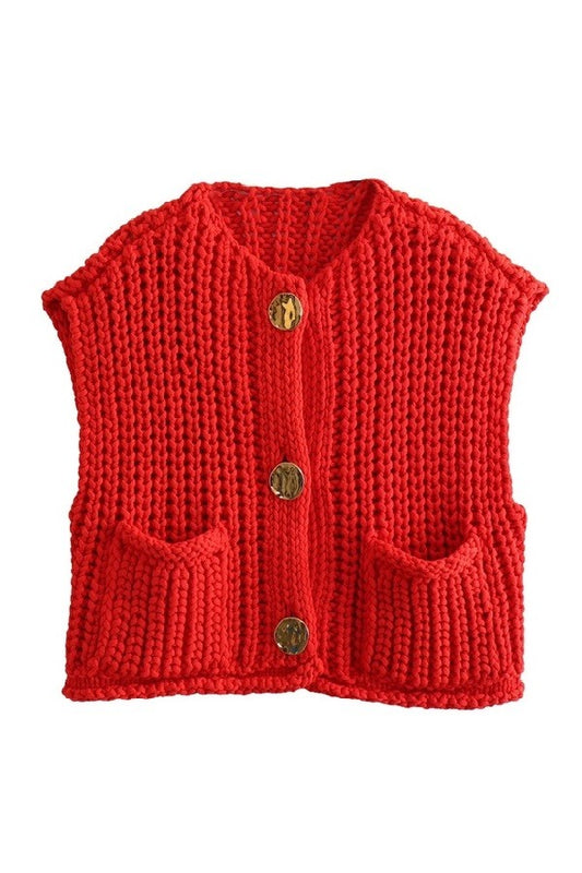 Button-Up Sweater Vest- Red