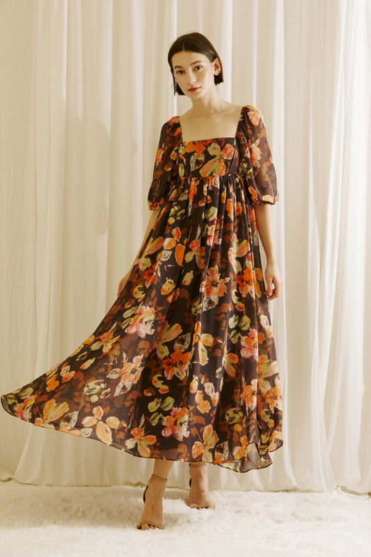 Warm Floral Baby Doll Maxi Dress