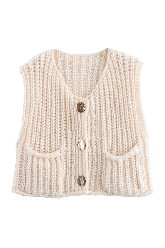 Trendy Button-Up Sweater Vest- Beige